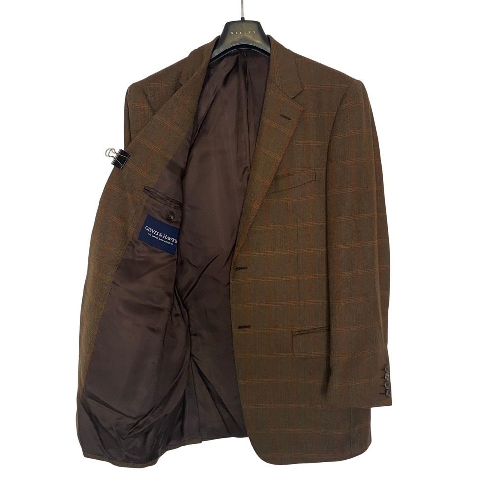 Gieves & Hawkes 38R Brown Windowpane Check Cashmere Sport Jacket Blazer
